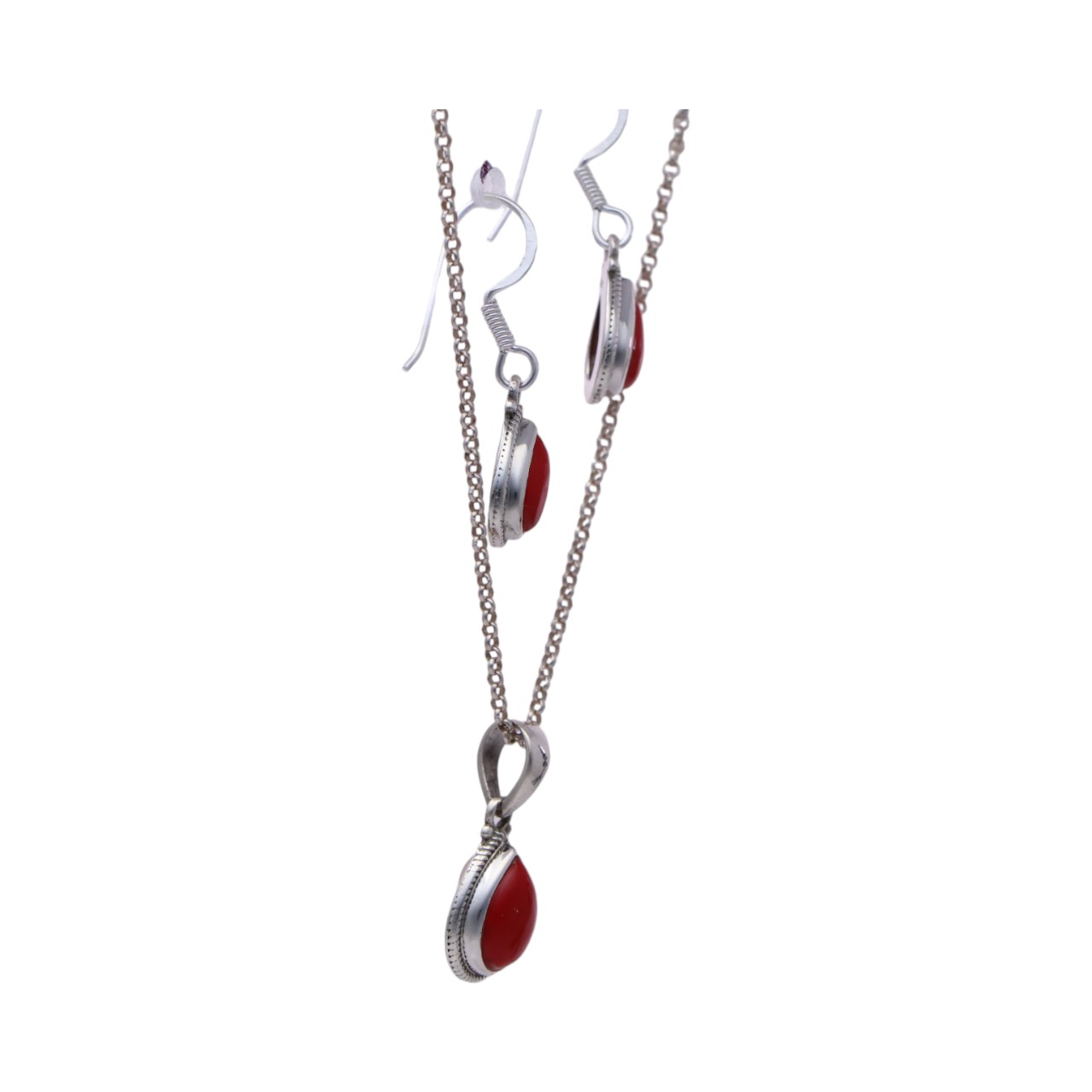 Pendent en corail rouge argenté en forme de goutte d'eau & Set de boucles d'oreilles | Beauté et Élégance – Image 4