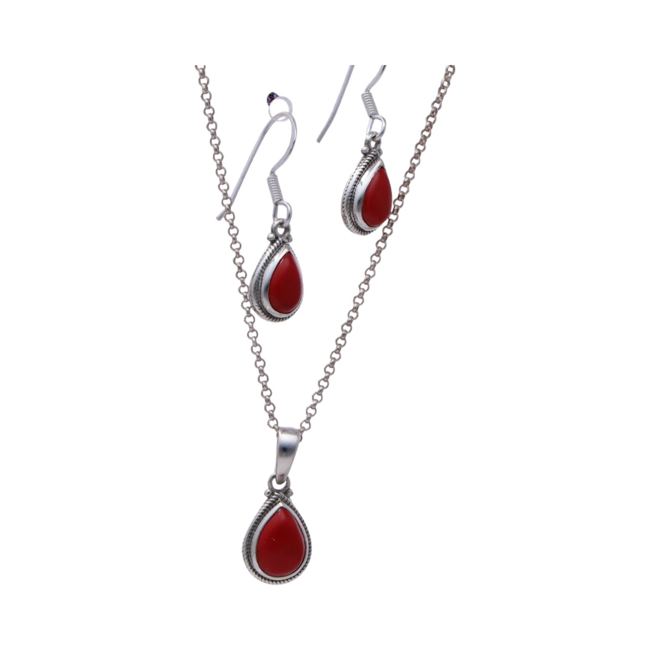 Pendent en corail rouge argenté en forme de goutte d'eau & Set de boucles d'oreilles | Beauté et Élégance – Image 3