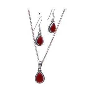 Pendent en corail rouge argenté en forme de goutte d'eau & Set de boucles d'oreilles | Beauté et Élégance