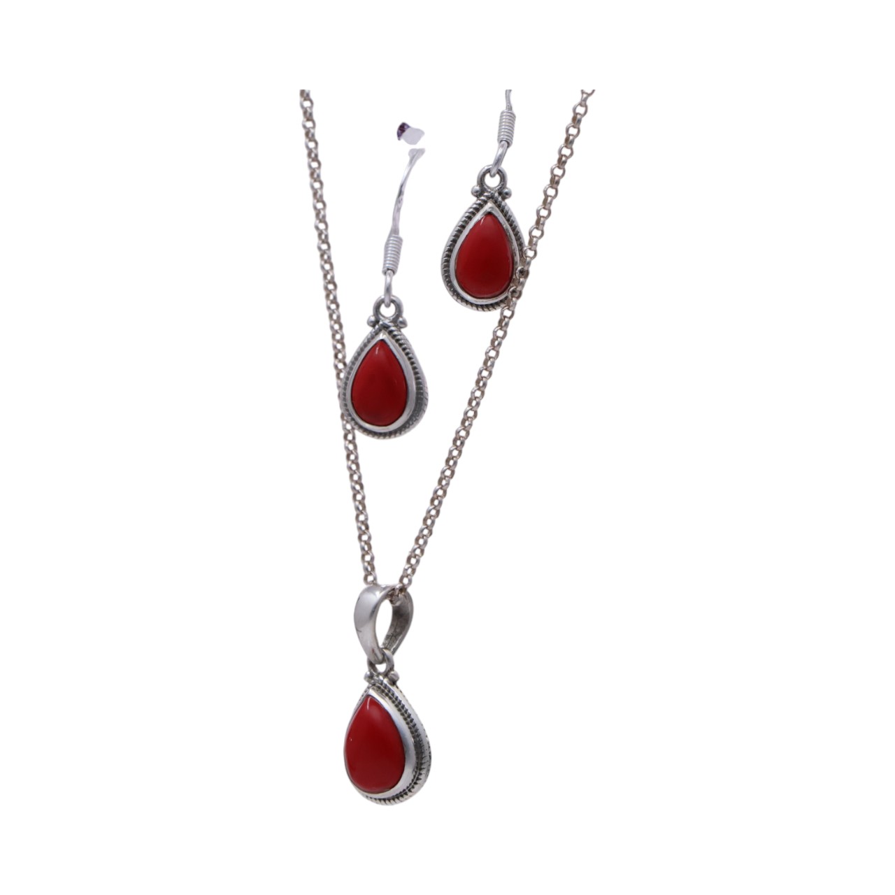 Pendent en corail rouge argenté en forme de goutte d'eau & Set de boucles d'oreilles | Beauté et Élégance – Image 2