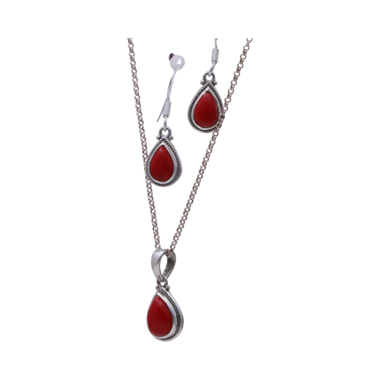 Pendent en corail rouge argenté en forme de goutte d'eau & Set de boucles d'oreilles | Beauté et Élégance – Image 5