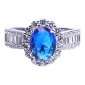 Bague en argent sterling plaqué or blanc avec zircon cubique bleu élégant - Taille 7-8