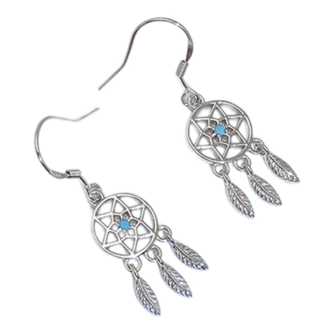 Boucles d'oreilles attrape-rêves en pierre bleue – Argent sterling plaqué or blanc – Image 2