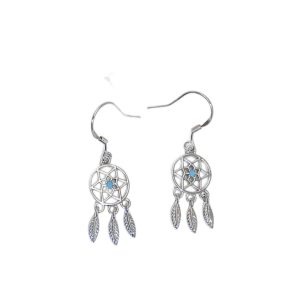 Boucles d'oreilles attrape-rêves en pierre bleue – Argent sterling plaqué or blanc
