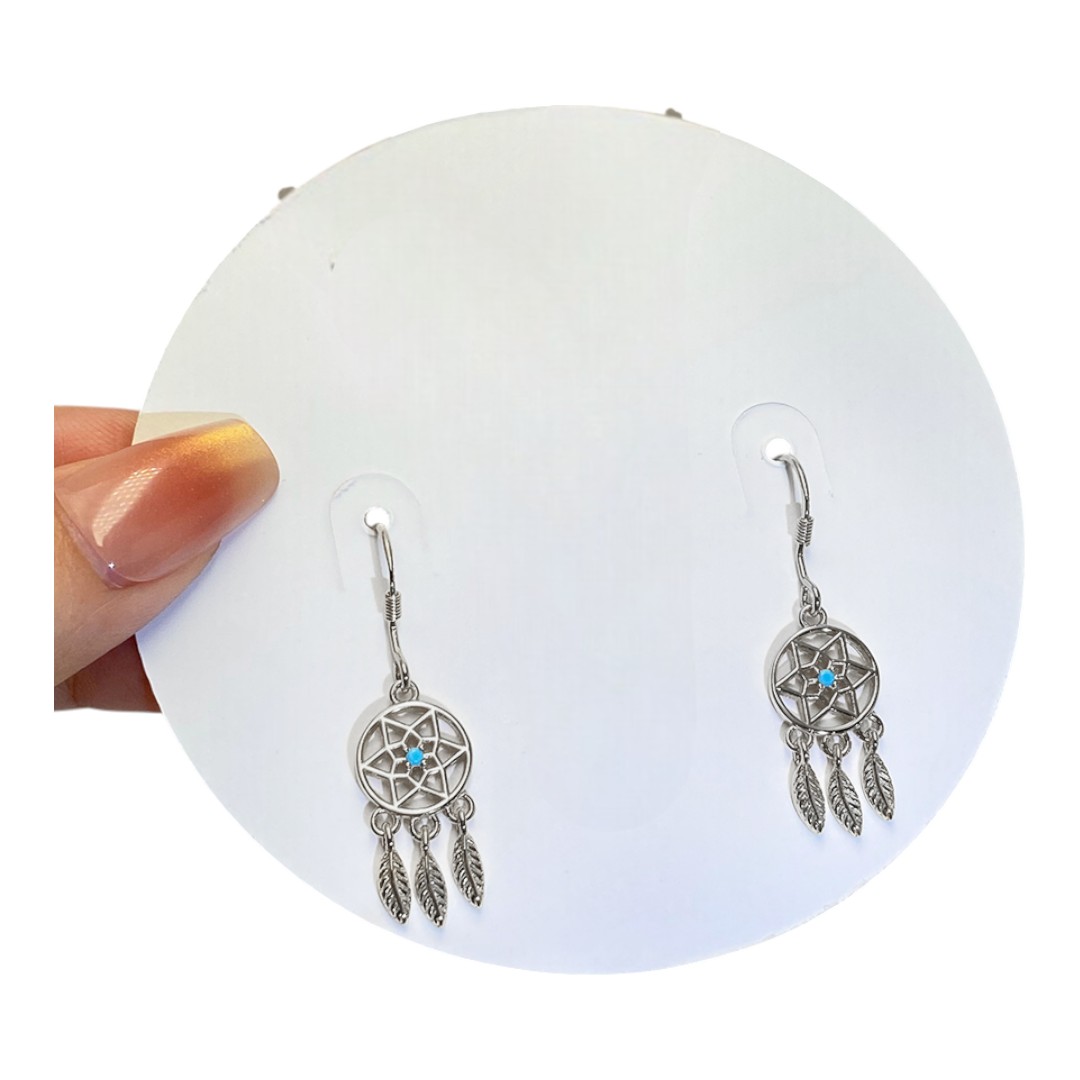Boucles d'oreilles attrape-rêves en pierre bleue – Argent sterling plaqué or blanc – Image 5