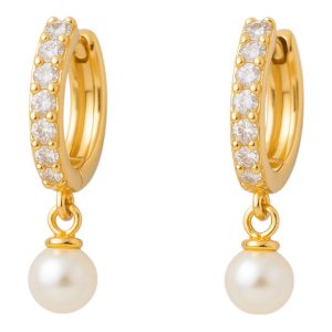 Boucles d'oreilles créoles en argent sterling plaqué or 18K avec perles et zirconias cubiques