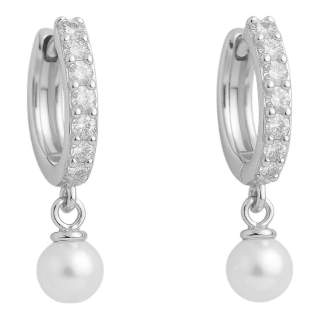 Boucles d'oreilles créoles en perles d'or blanc – Argent Sterling & Cubic – Image 2
