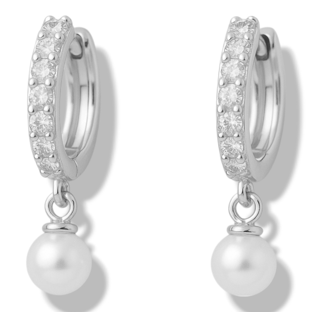 Boucles d'oreilles créoles en perles d'or blanc – Argent Sterling & Cubic – Image 3