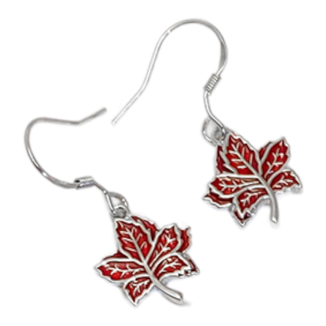 Boucles d'oreilles en plaqué or blanc en forme de feuille d'érable rouge – Émail en argent sterling - Option 2 – Image 3