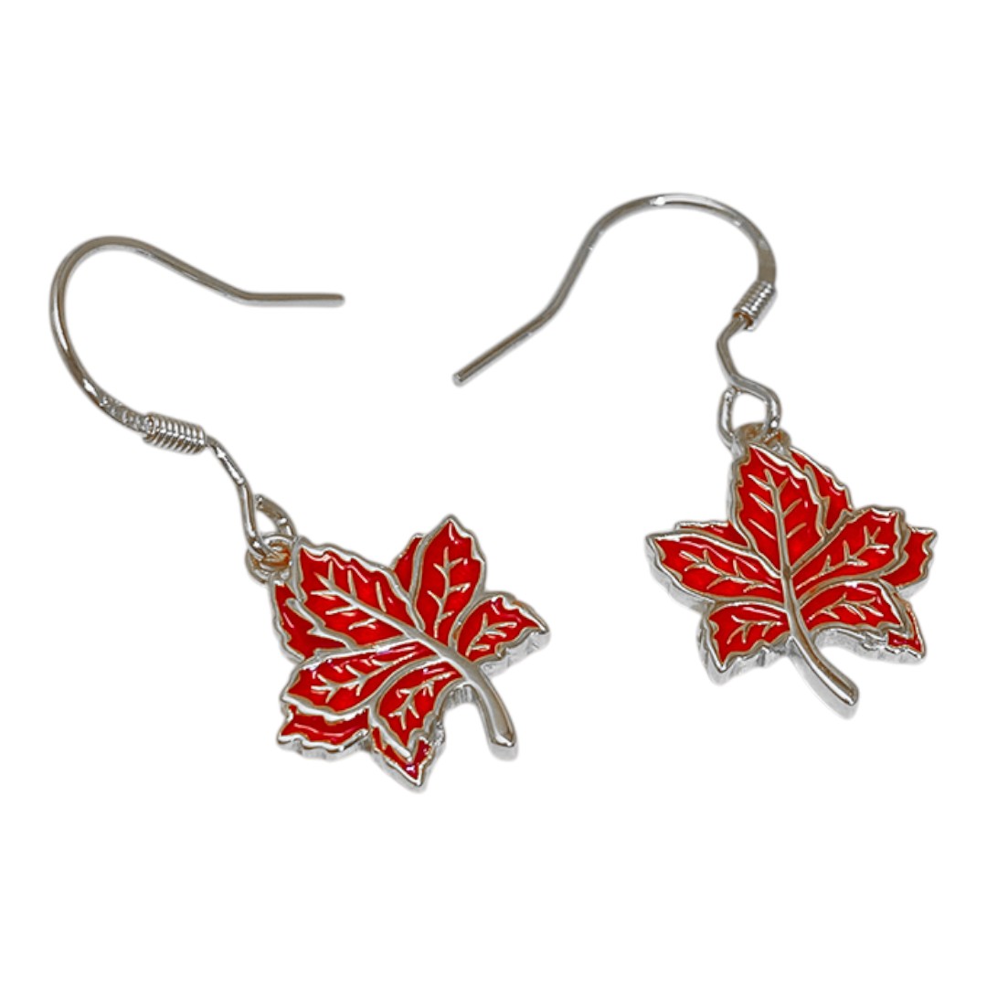 Boucles d'oreilles en plaqué or blanc en forme de feuille d'érable rouge – Émail en argent sterling - Option 2 – Image 4