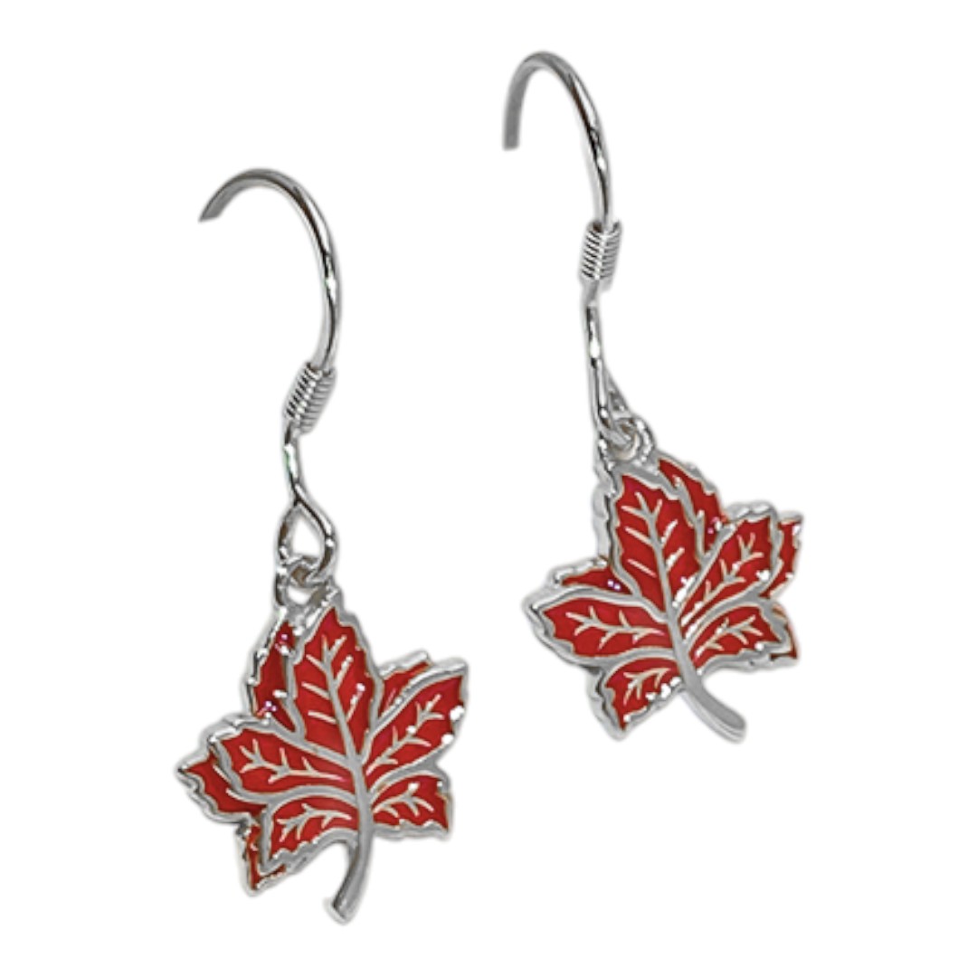 Boucles d'oreilles en plaqué or blanc en forme de feuille d'érable rouge – Émail en argent sterling - Option 2
