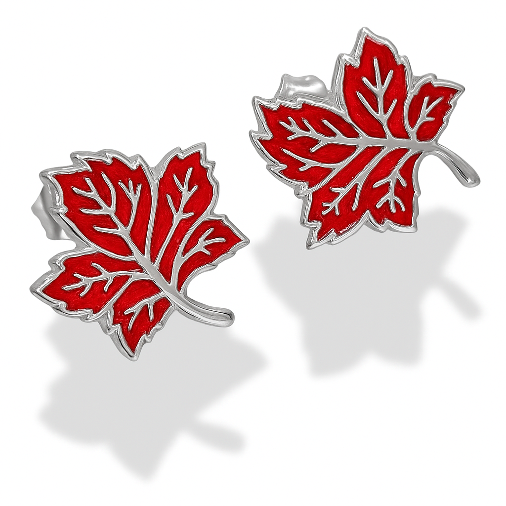 Boucles d'oreilles en plaqué or blanc avec motif de feuille d'érable rouge – Émail en argent sterling - Option 1 – Image 2