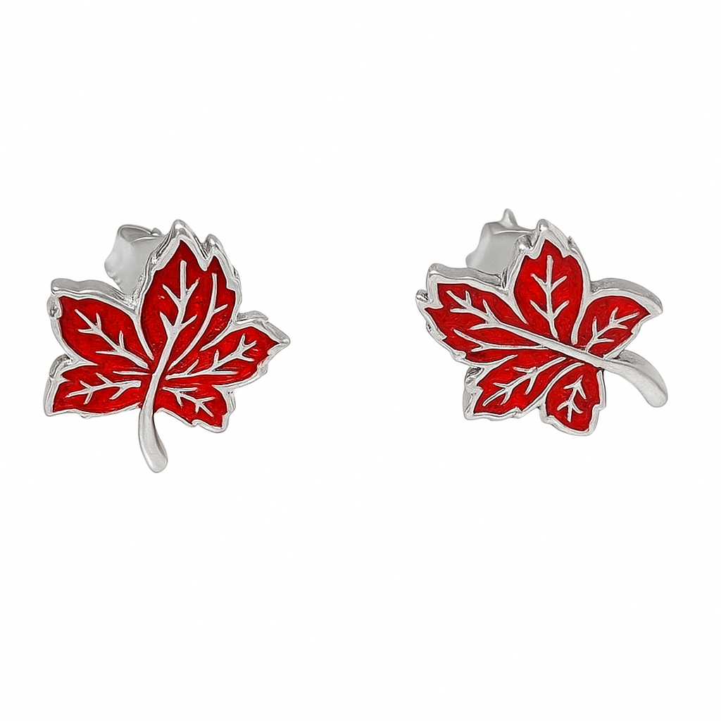 Boucles d'oreilles en plaqué or blanc avec motif de feuille d'érable rouge – Émail en argent sterling - Option 1 – Image 3