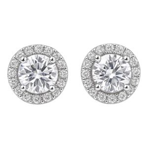 Boucles d'oreilles en argent sterling avec zircon cubique | Énoncé rond plaqué or blanc