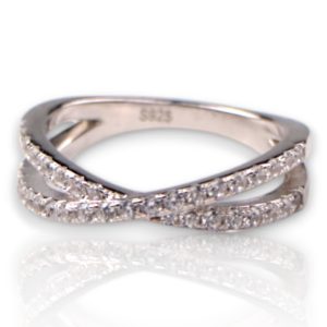 Bague en argent sterling plaquée or blanc en croisée avec zirconia cubique scintillant - Taille 6-7